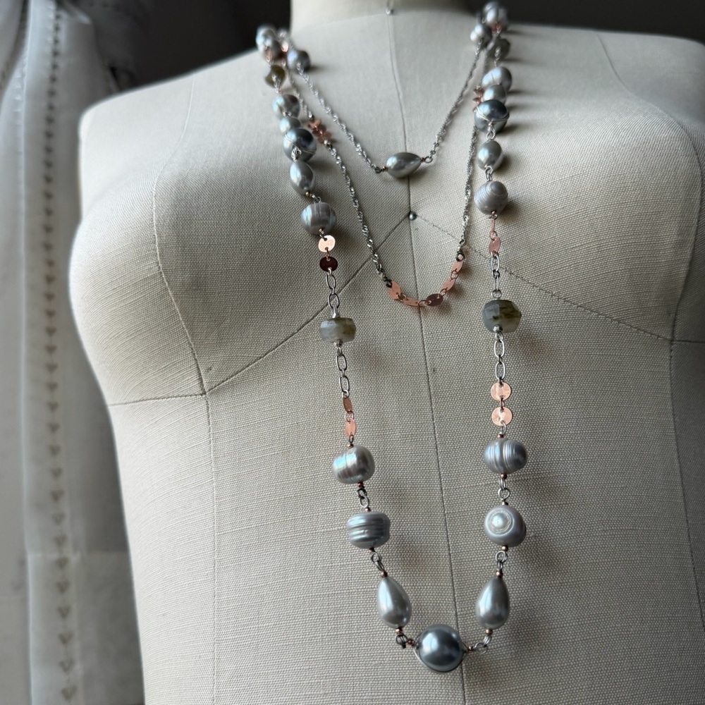 NAKAMOL | Long Triple Strands Silver Rose Gold Tone Mixed Gray Freshwater Pearls